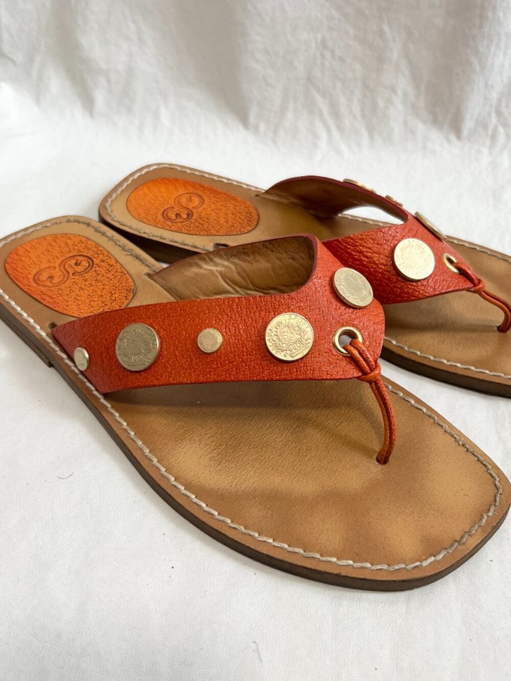 Escada sandals orange leather brown gold coin 38.5 8.5 flat flip flop thong